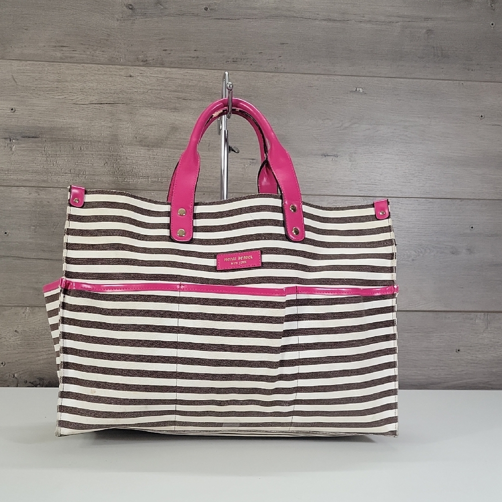 Henri Bendel White Brown Coated Canvas Striped Tote Handbag Diaper Bag